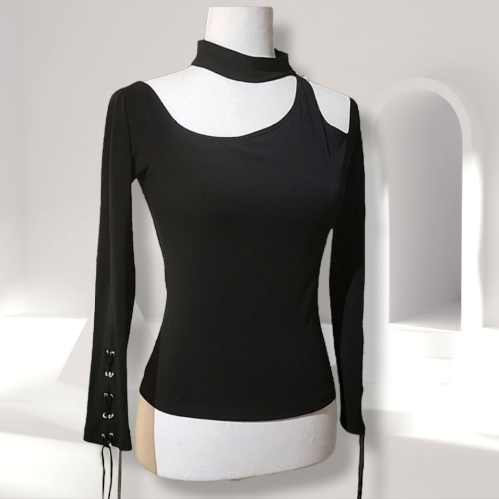 FREDRICK'S Black Rocker Goth Punk Cold Shoulder Top w/Collar & Lace-Up Sleeves